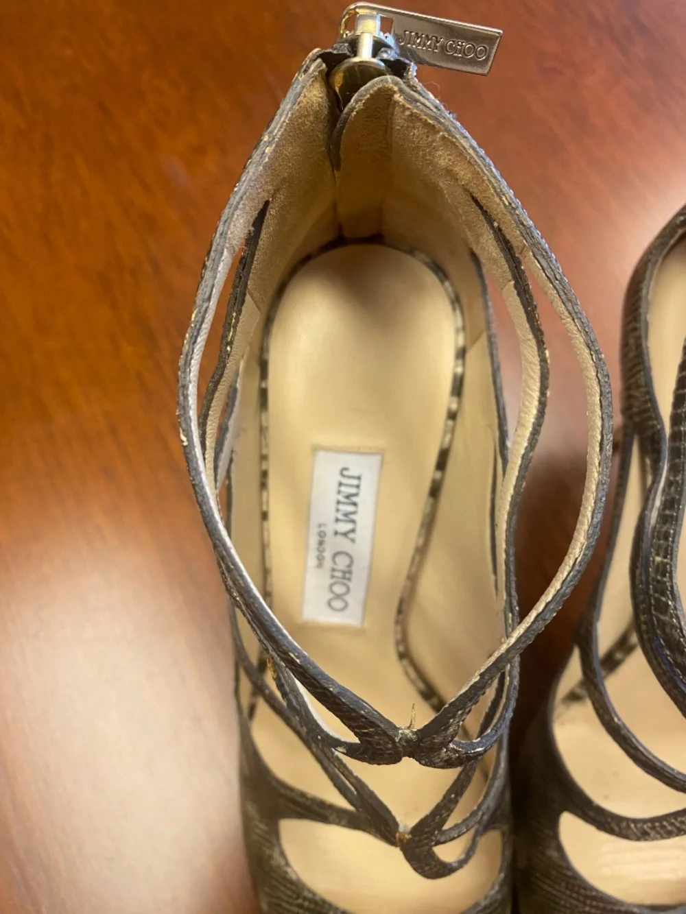 Jimmy Choo Leda Metallic Bronze Lizard Embossed Cage Sandals – Size 38 – Made in